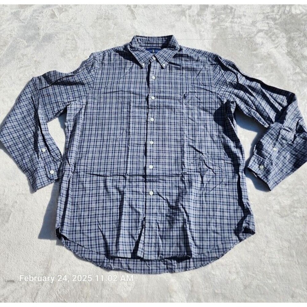 Ralph Lauren Casual Shirt Men's Large Gray Plaid Classic Fit Button Down Up Logo